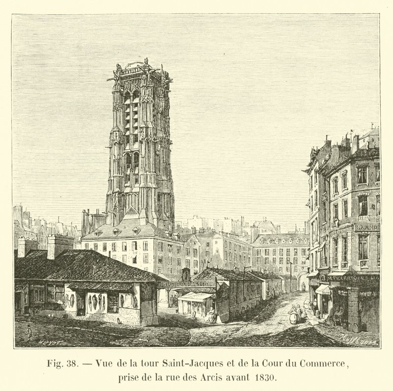 Vista de la torre Saint-Jacques y del Cour du Commerce, tomada desde la rue des Arcis antes de 1830 de French School