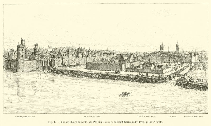 Vista del hotel de Nesle, del Prato aux Clercs y de Saint-Germain des Pres, en el siglo XIV de French School