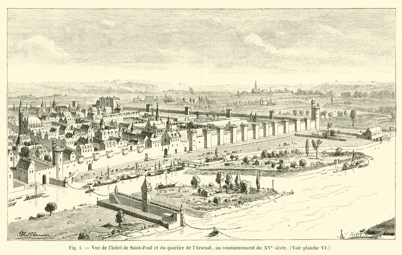 Vista del hotel de Saint-Paul y del barrio del Arsenal, a principios del siglo XV, ver plancha VI de French School