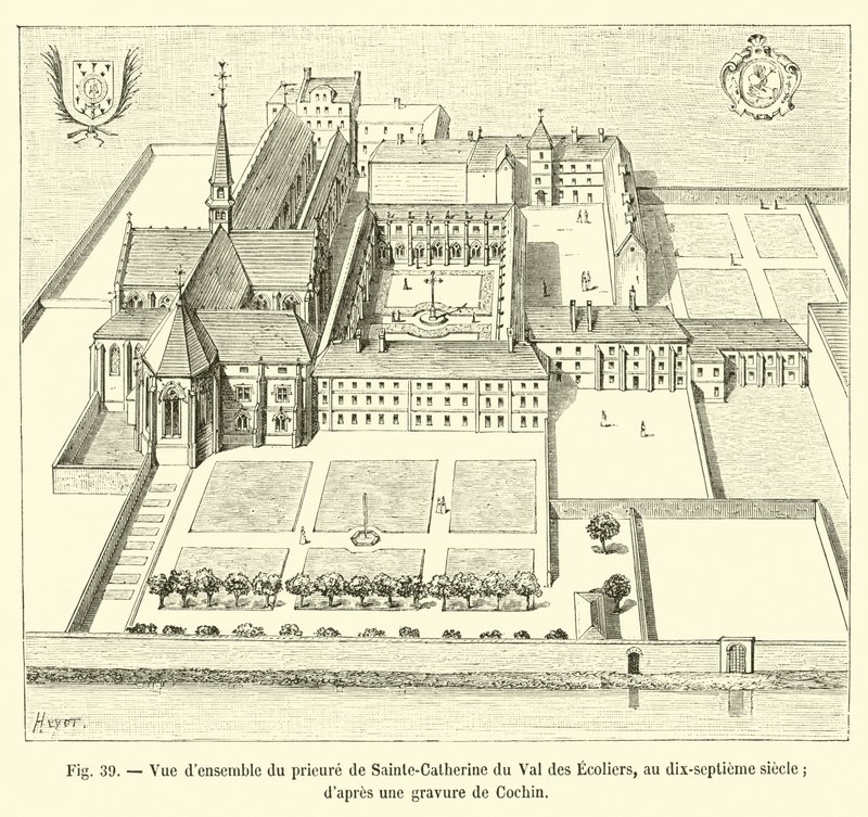 Vista general del priorato de Sainte-Catherine du Val des Escoliers, en el siglo XVII; según un grabado de Cochin de French School