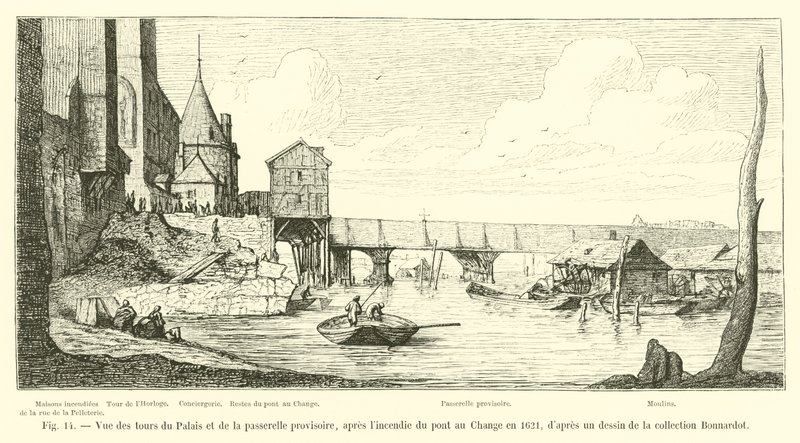 Vista de las torres del Palacio y de la pasarela provisional, después del incendio del puente au Change en 1621, según un dibujo de la colección Bonnardot de French School