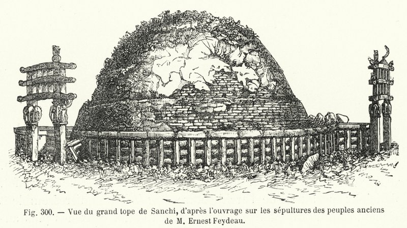Vista del gran tope de Sanchi, de la obra sobre las sepulturas de los pueblos antiguos de M Ernest Feydeau (grabado). de French School