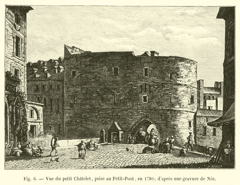 Vista del petit Chatelet, tomada en el Petit-Pont, en 1780; según un grabado de Nee de French School