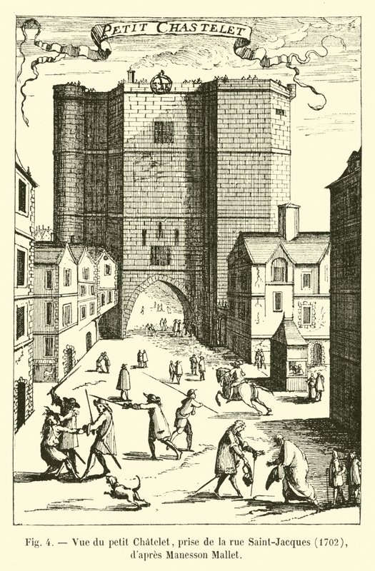 Vista del petit Chatelet, tomada de la rue Saint-Jacques, 1702, según Manesson Mallet de French School