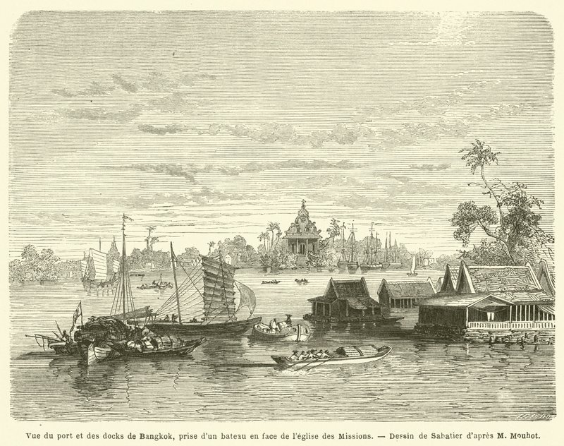Vista del puerto y los muelles de Bangkok, tomada desde un barco frente a la iglesia de las Misiones de French School