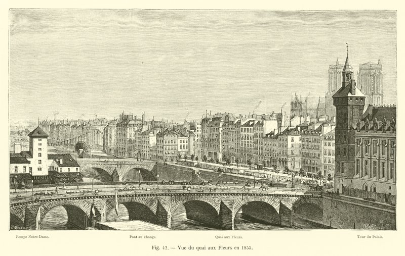 Vista del muelle aux Fleurs en 1855 de French School