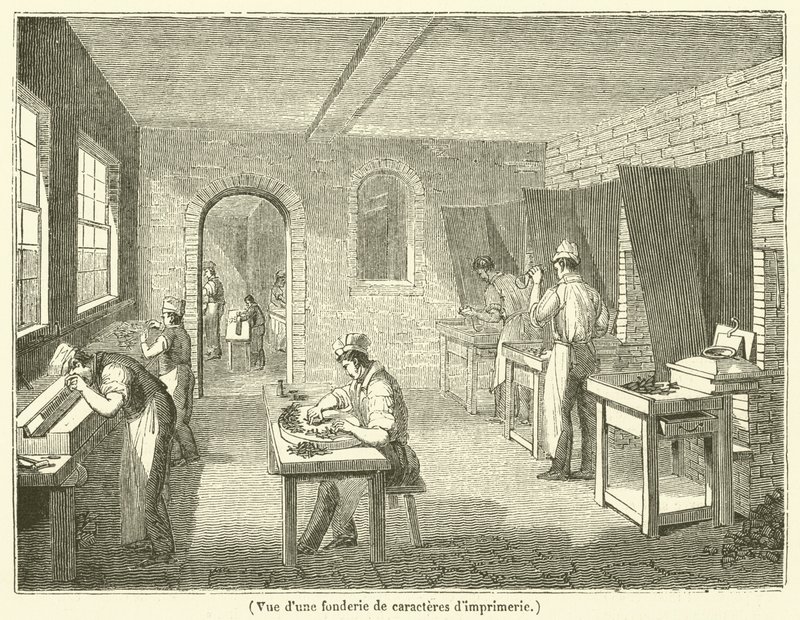 Vista de una fundición de caracteres de imprenta (grabado) de French School