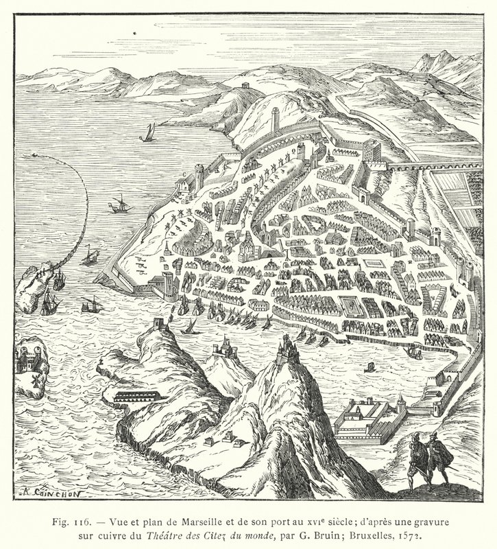 Vista y plano de Marsella y su puerto en el siglo XVI; según un grabado en cobre del Teatro de las Ciudades del mundo, por G Bruin; Bruselas de French School
