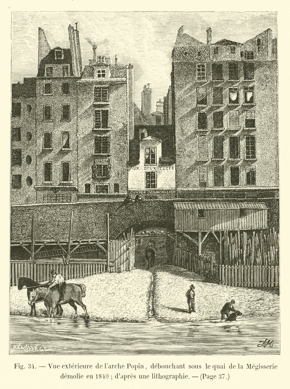Vista exterior del arco Popin, desembocando bajo el muelle de la Mégisserie, demolido en 1840 de French School