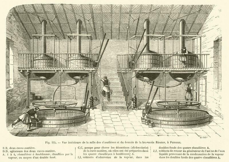 Vista interior de la sala de calderas y la sala de cocción de la cervecería Riester, en Puteaux de French School