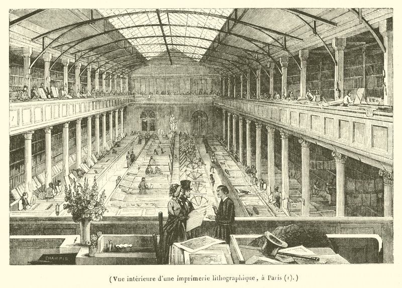 Vista interior de una imprenta litográfica en París (grabado) de French School