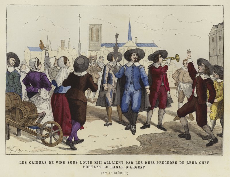 Vendedores de vino pasando por las calles detrás de su líder, llevando la copa de plata, reinado de Luis XIII, siglo XVII de French School