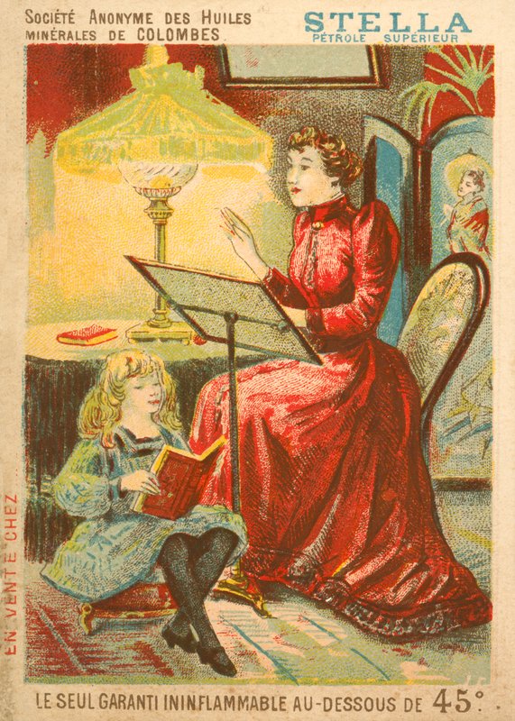 Mujer y niño leyendo a la luz de una lámpara de aceite de French School