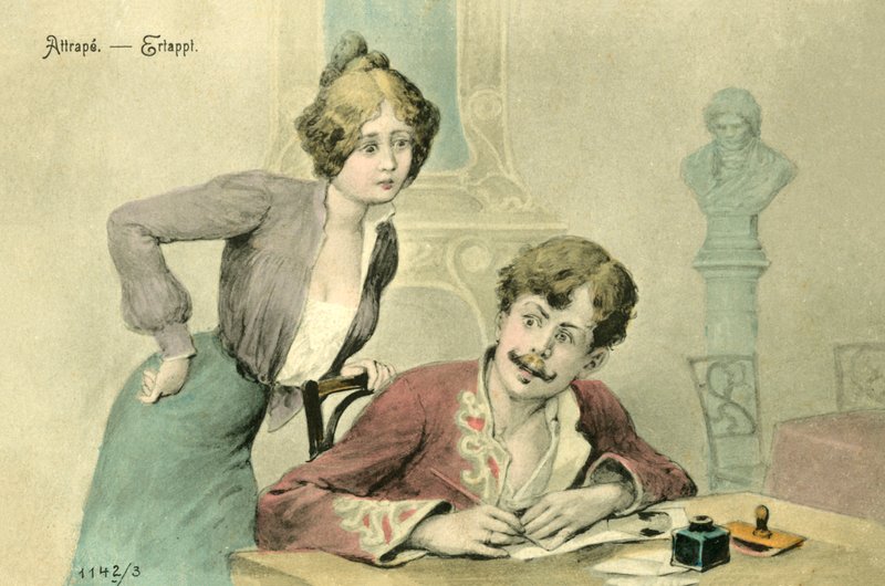 Mujer cogiendo a un hombre escribiendo una carta (litografía en color) de French School
