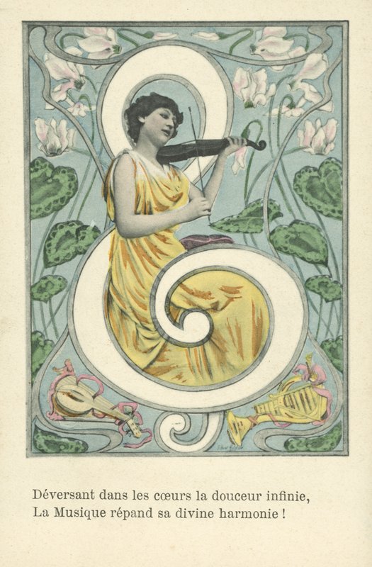Mujer en clave de sol (litografía en color) de French School