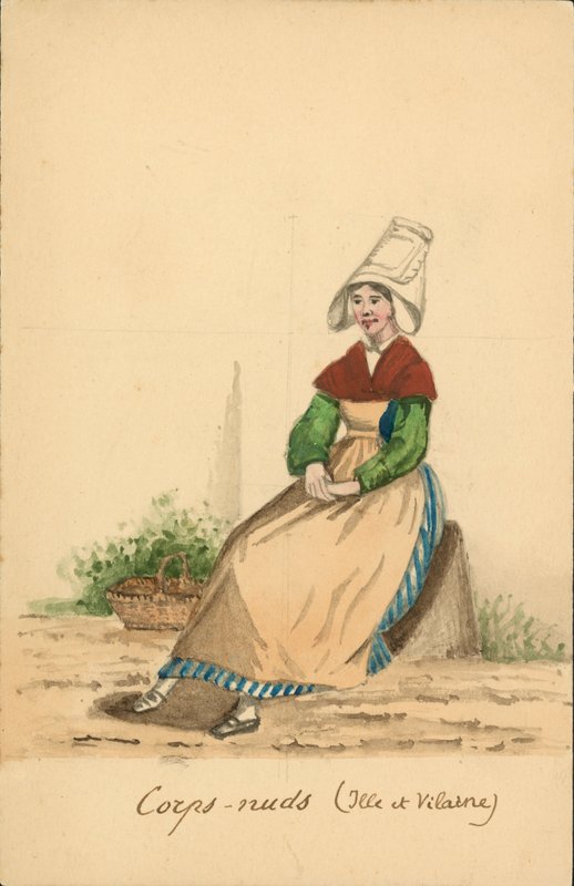Traje femenino de Corps-Nuds, Ille-et-Vilaine (litografía en color) de French School