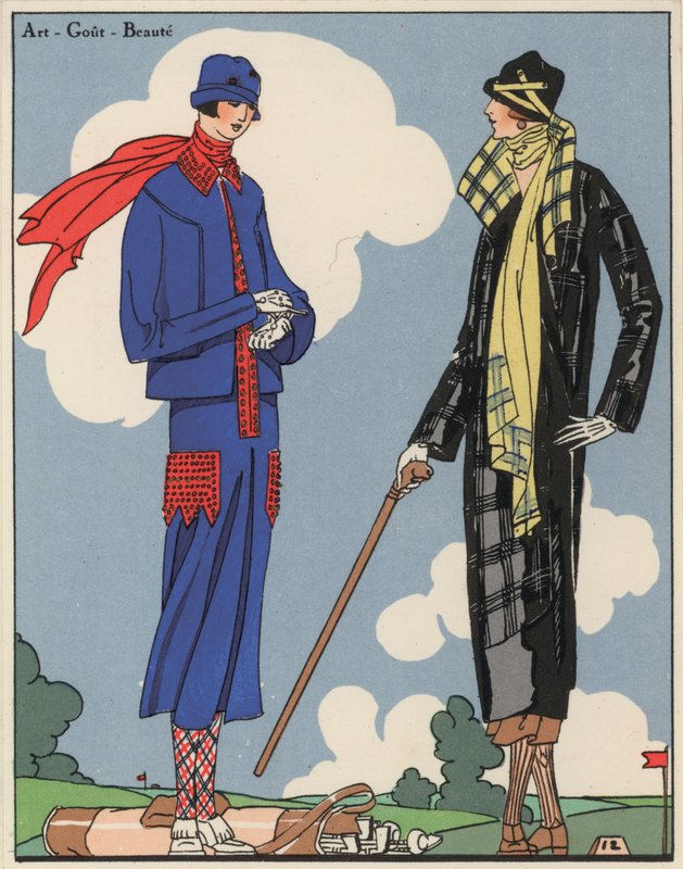 Moda femenina de golf de los años veinte por los diseñadores Martial y Armand, y Christoph Drecoll. (litografía en color) de French School