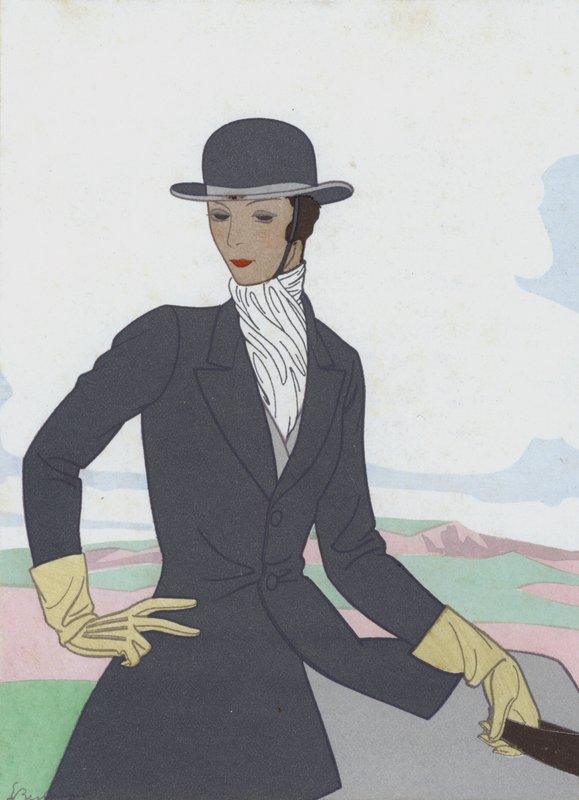 Diseño de hábito de montar para mujer de los años 20 (litografía en color) de French School