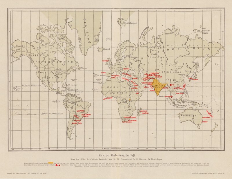 Mapamundi de la propagación de la peste (litografía en color) de French School