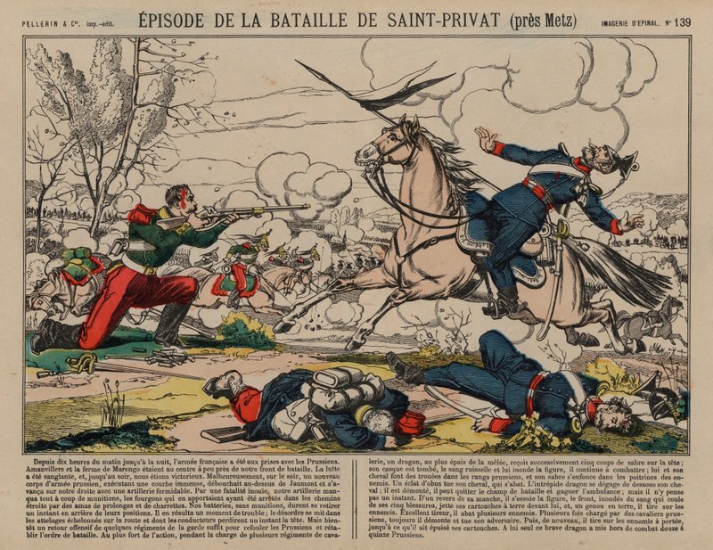 Dragón francés herido disparando a un lancero prusiano en la Batalla de Saint-Privat, Guerra Franco-Prusiana de French School