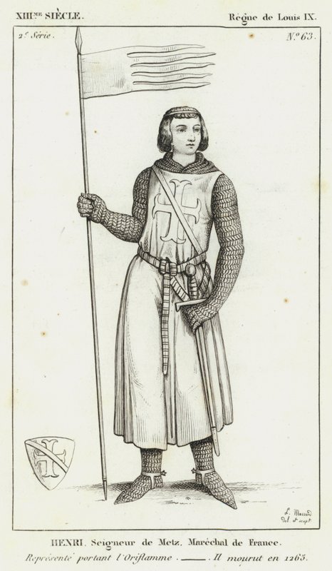 Siglo XIII, Reinado de Luis IX, Enrique, Señor de Metz, Mariscal de Francia, Representado portando la Oriflama, Murió en 1265 (grabado) de French School