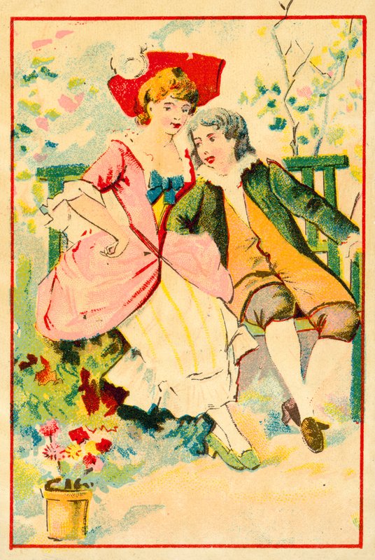 Joven pareja en un banco en un jardín de French School