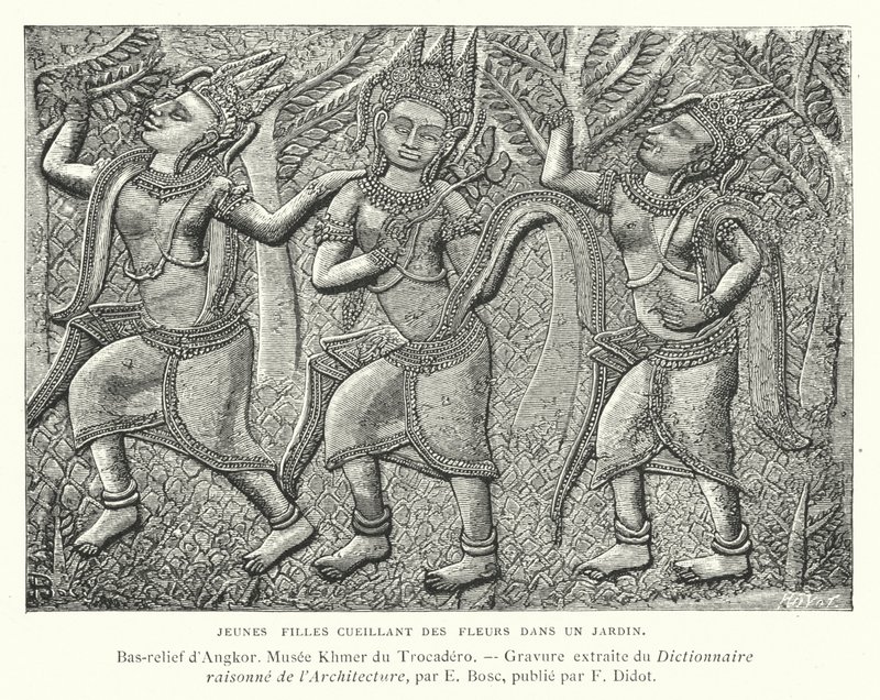 Niñas recogiendo flores en un jardín, bajorrelieve de Angkor, Camboya (grabado) de French School
