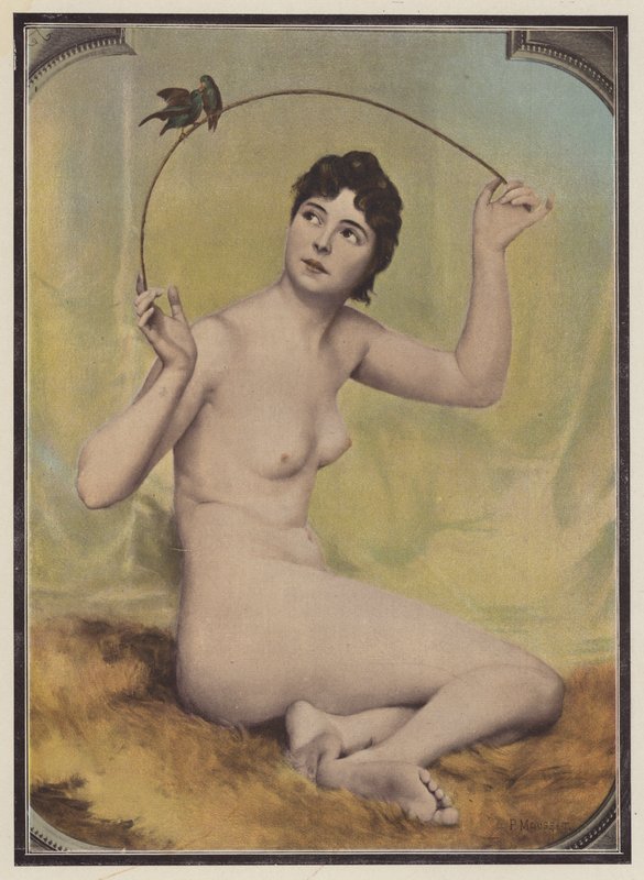 Joven mujer desnuda con pájaros (litografia de color) de French School