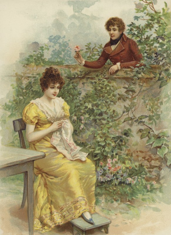 Joven mujer, abordada por pretendiente con flor sobre el muro de French School