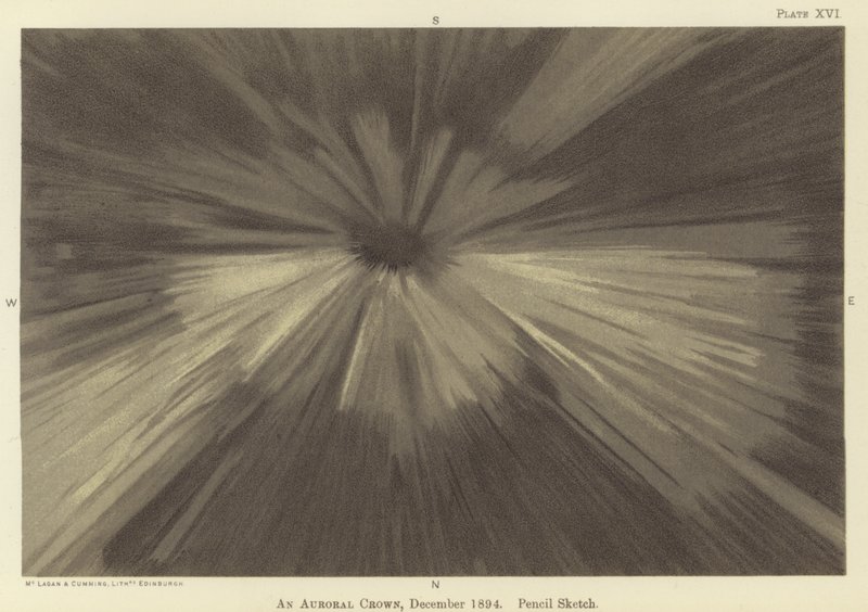 Una corona auroral, diciembre de 1894, boceto a lápiz de Fridtjof Nansen