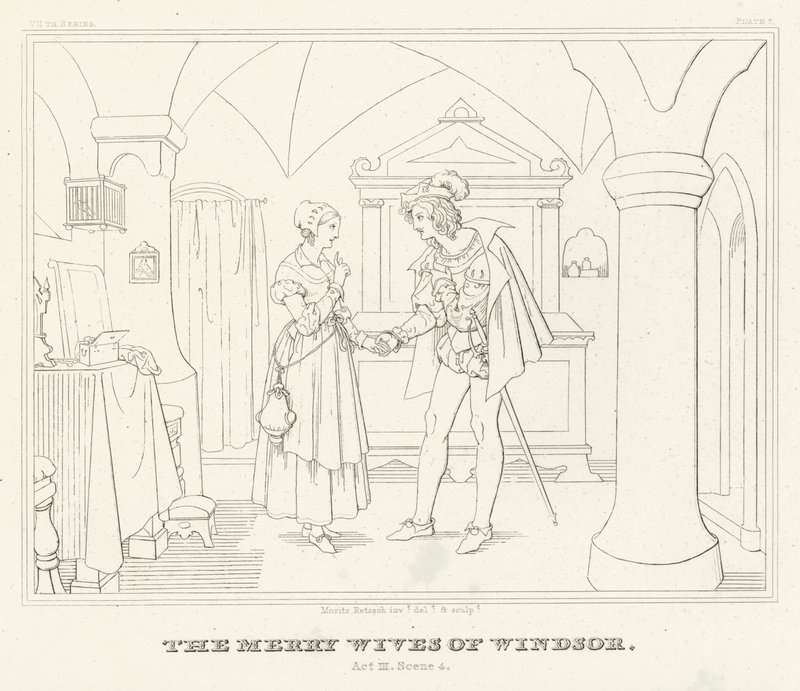 Las Alegres Comadres de Windsor, Acto III, Escena 4 (grabado) de Friedrich August Moritz Retzsch