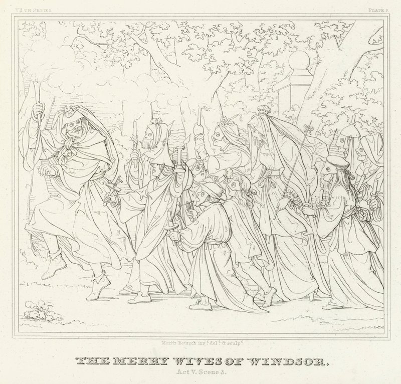 Las Alegres Comadres de Windsor, Acto V, Escena 3 (grabado) de Friedrich August Moritz Retzsch