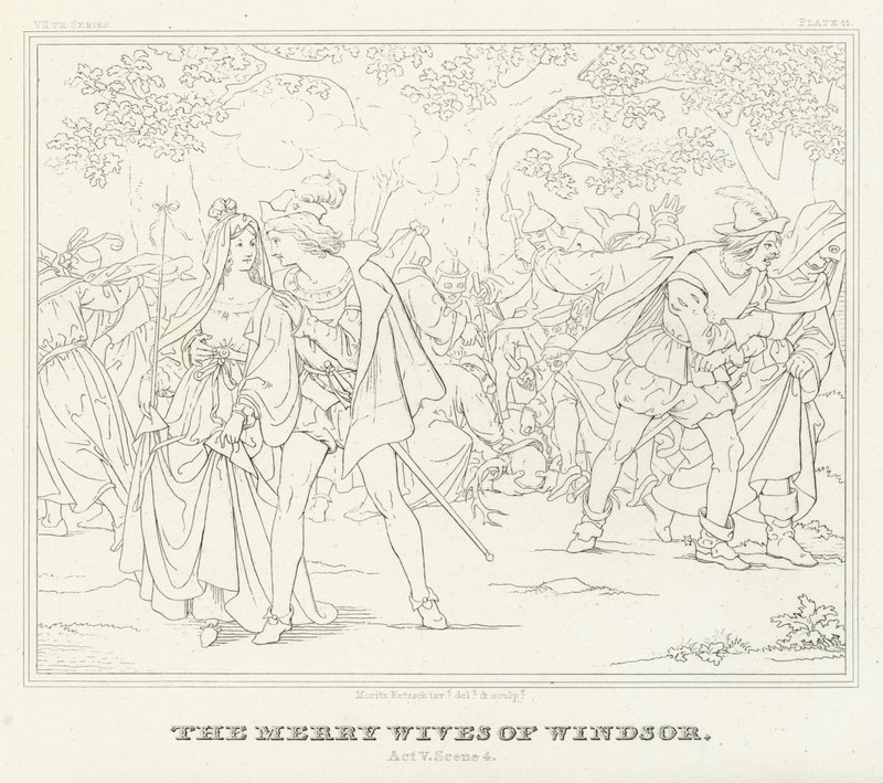 Las Alegres Comadres de Windsor, Acto V, Escena 4 (grabado) de Friedrich August Moritz Retzsch