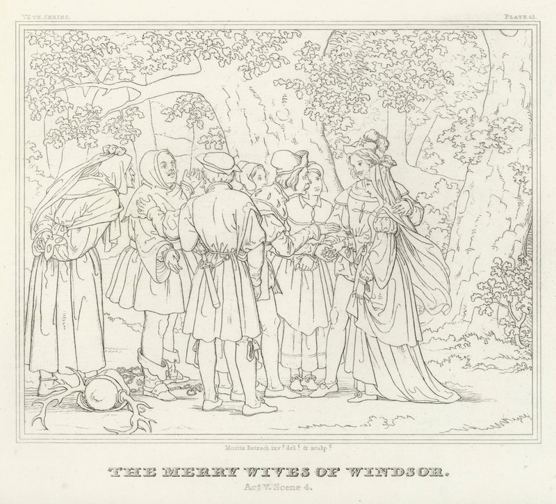 Las Alegres Comadres de Windsor, Acto V, Escena 4 (grabado) de Friedrich August Moritz Retzsch