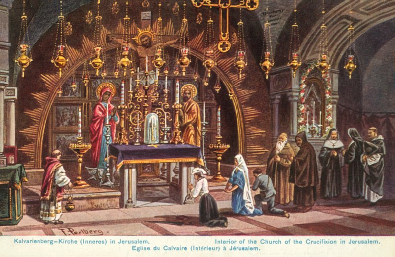 Altar de la Crucifixión, Iglesia del Santo Sepulcro, Jerusalén (litografía en color) de Friedrich Perlberg
