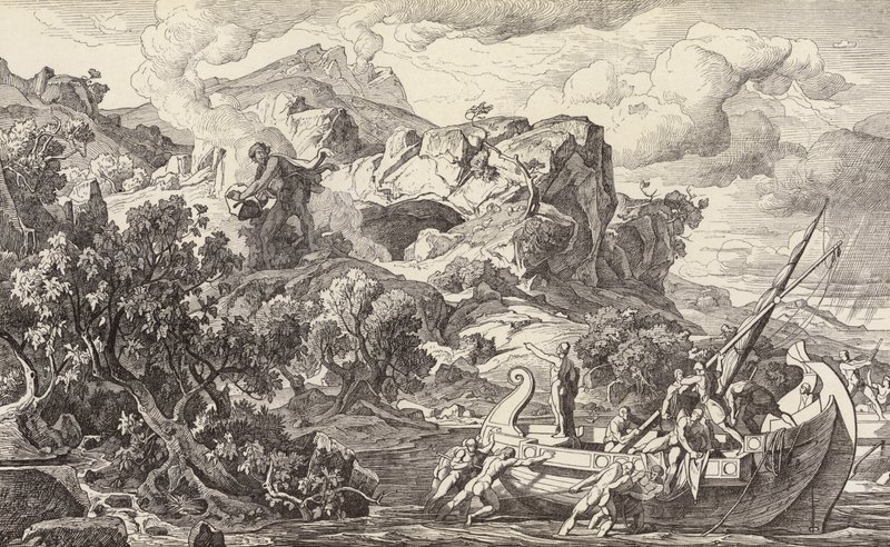 Odiseo saliendo de la isla de los Cíclopes (grabado) de Friedrich the Elder Preller