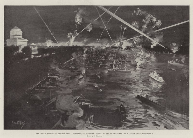 La bienvenida de Nueva York al almirante Dewey, fuegos artificiales y exhibición eléctrica en el río Hudson frente a Riverside Drive, 29 de septiembre de G. W. Peters