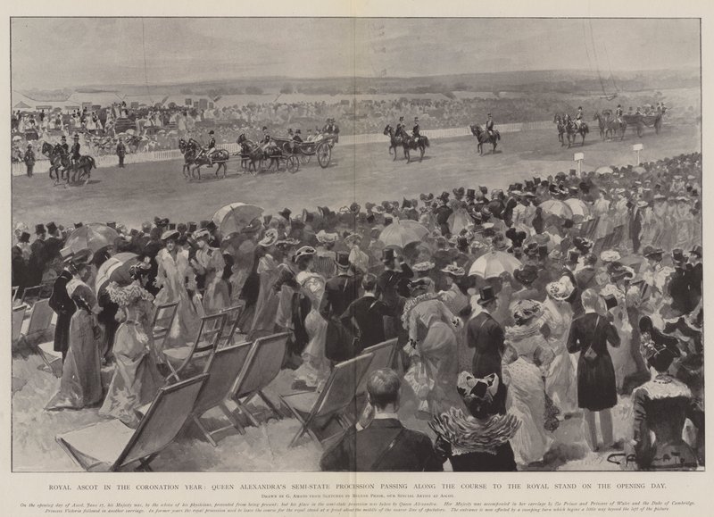 Royal Ascot en el año de la coronación, la procesión semi-estatal de la Reina Alexandra pasando por el curso hacia el Royal Stand en el día de apertura de G.S. Amato
