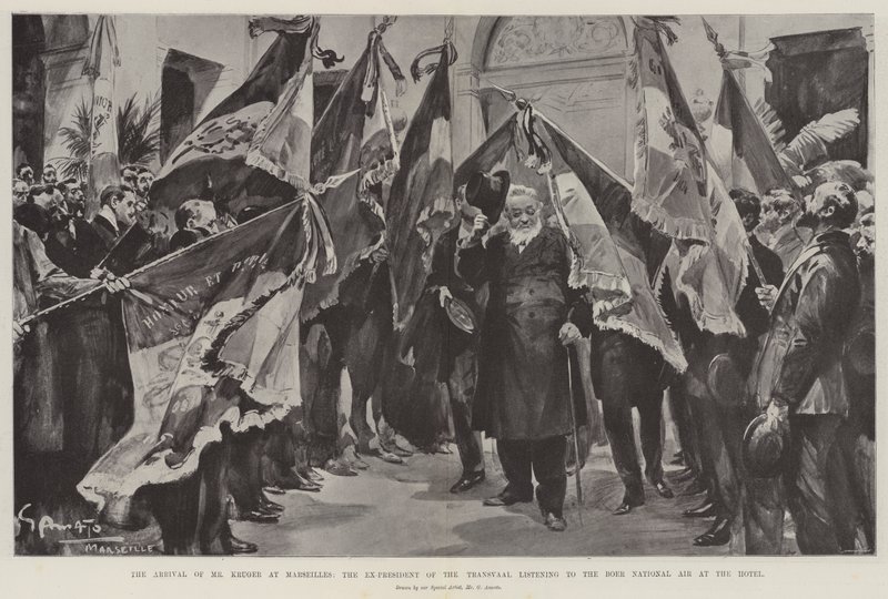 La llegada del Sr. Kruger a Marsella, el ex presidente del Transvaal escuchando el himno nacional bóer en el hotel de G.S. Amato