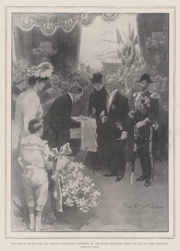 La Llegada del Zar y la Zarina a Dunkerque, 18 de Septiembre, el Alcalde presentando Pan y Sal a Sus Majestades de G.S. Amato
