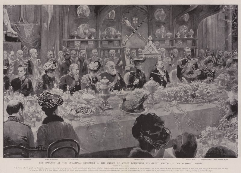 El banquete en el Guildhall, 5 de diciembre, el Príncipe de Gales pronunciando su gran discurso sobre nuestro imperio colonial de G.S. Amato