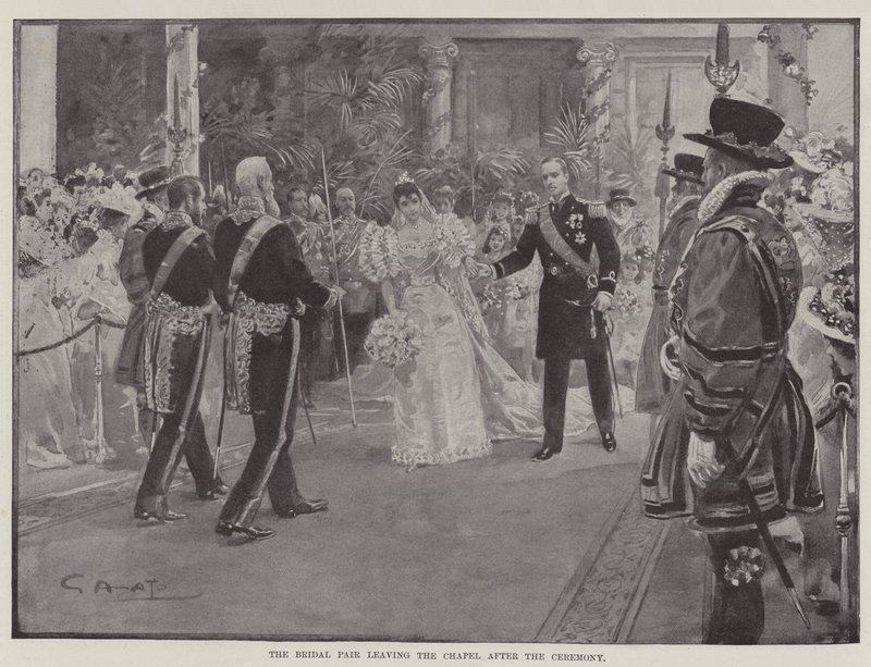 La pareja nupcial saliendo de la capilla después de la ceremonia de G.S. Amato