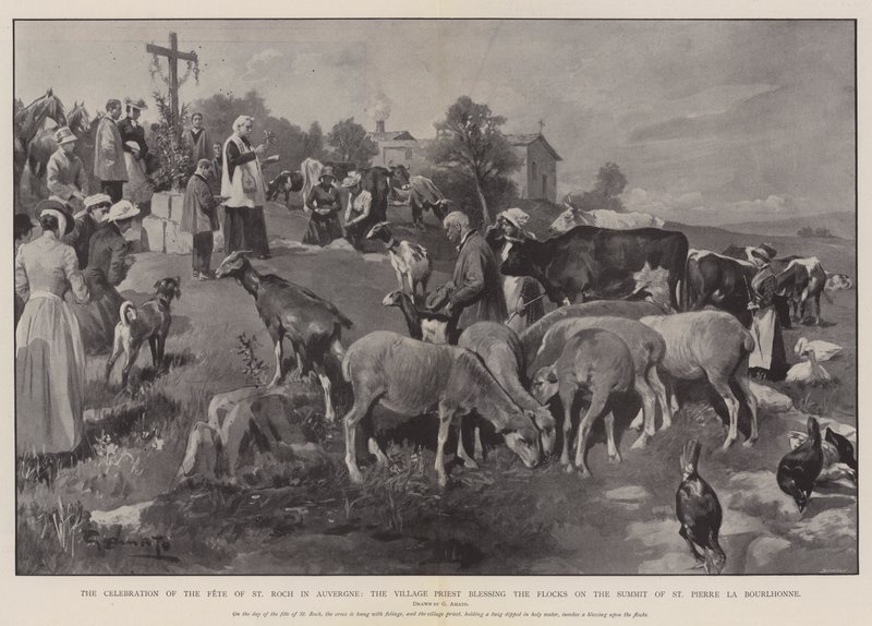 La celebración de la fiesta de San Roque en Auvernia, el sacerdote del pueblo bendiciendo los rebaños en la cima de San Pierre la Bourlhonne de G.S. Amato