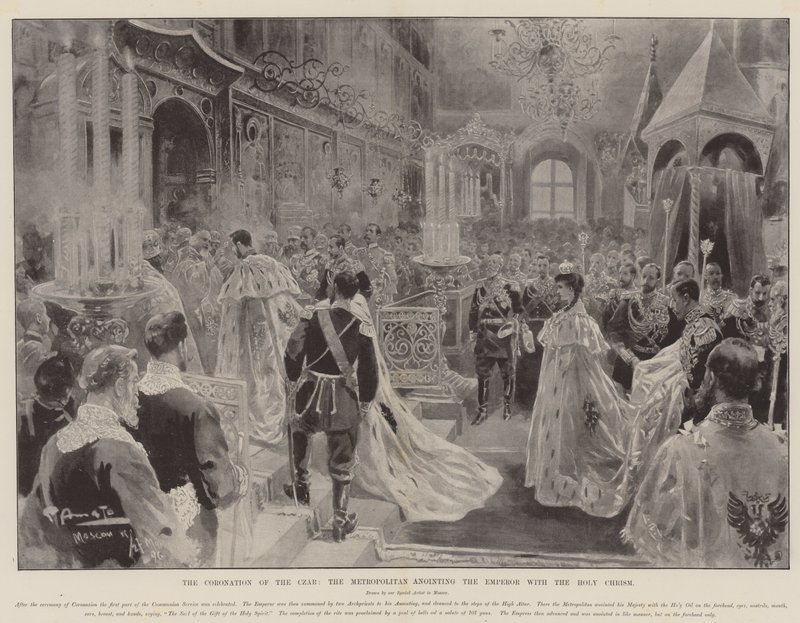 La coronación del Zar, el Metropolitano ungiendo al Emperador con el Santo Crisma de G.S. Amato