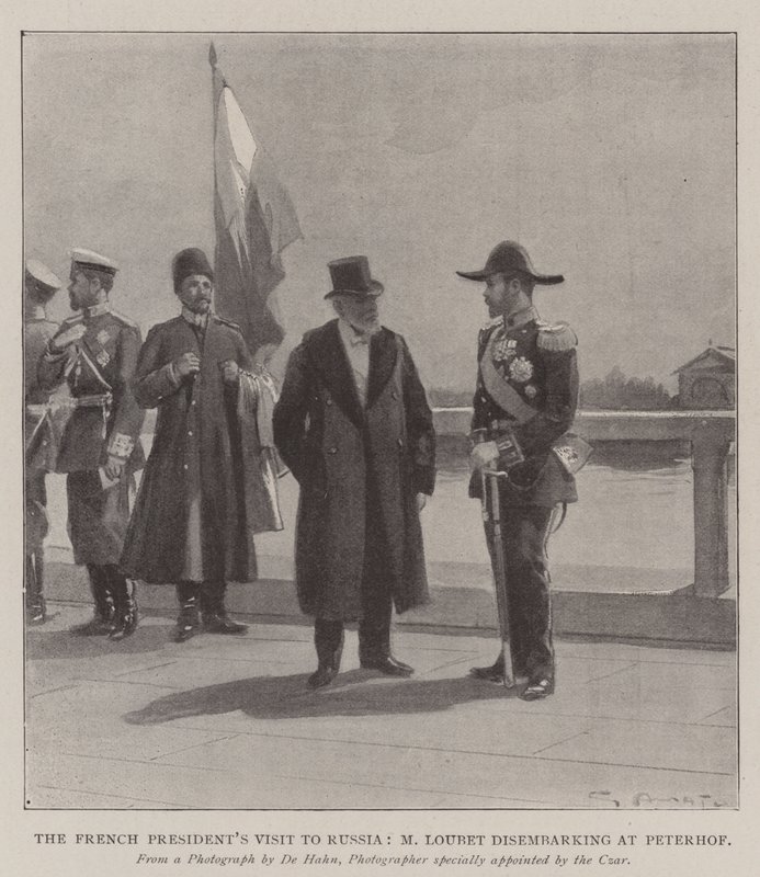Visita del presidente francés a Rusia, M. Loubet desembarcando en Peterhof de G.S. Amato