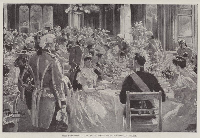 El almuerzo en el comedor de estado, Palacio de Buckingham de G.S. Amato