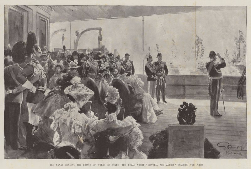 La revisión naval, el Príncipe de Gales a bordo del yate real Victoria y Albert saludando a la flota de G.S. Amato