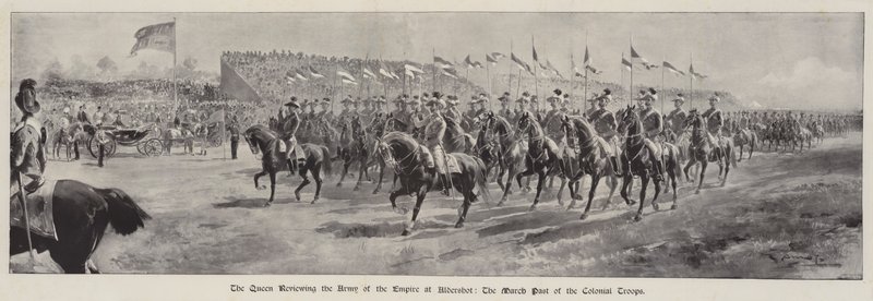 La reina revisando el ejército del imperio en Aldershot, el desfile de las tropas coloniales de G.S. Amato