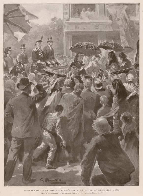 La Reina Victoria y los pobres: la Reina visitando el East End de Londres, 2 de abril de 1873 de G.S. (after) Amato