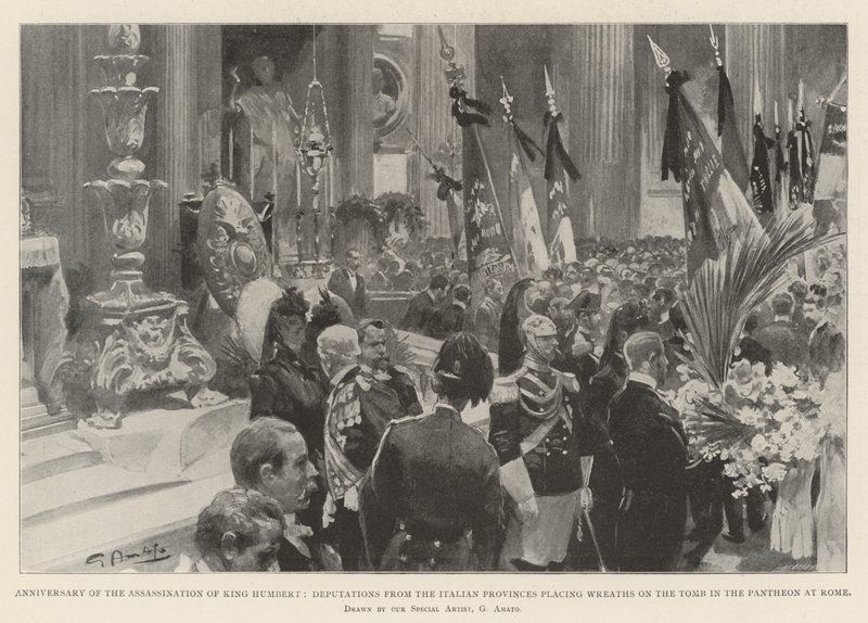 Aniversario del Asesinato del Rey Humberto, Delegaciones de las Provincias Italianas colocando Coronas en la Tumba en el Panteón de Roma de G.S. Amato